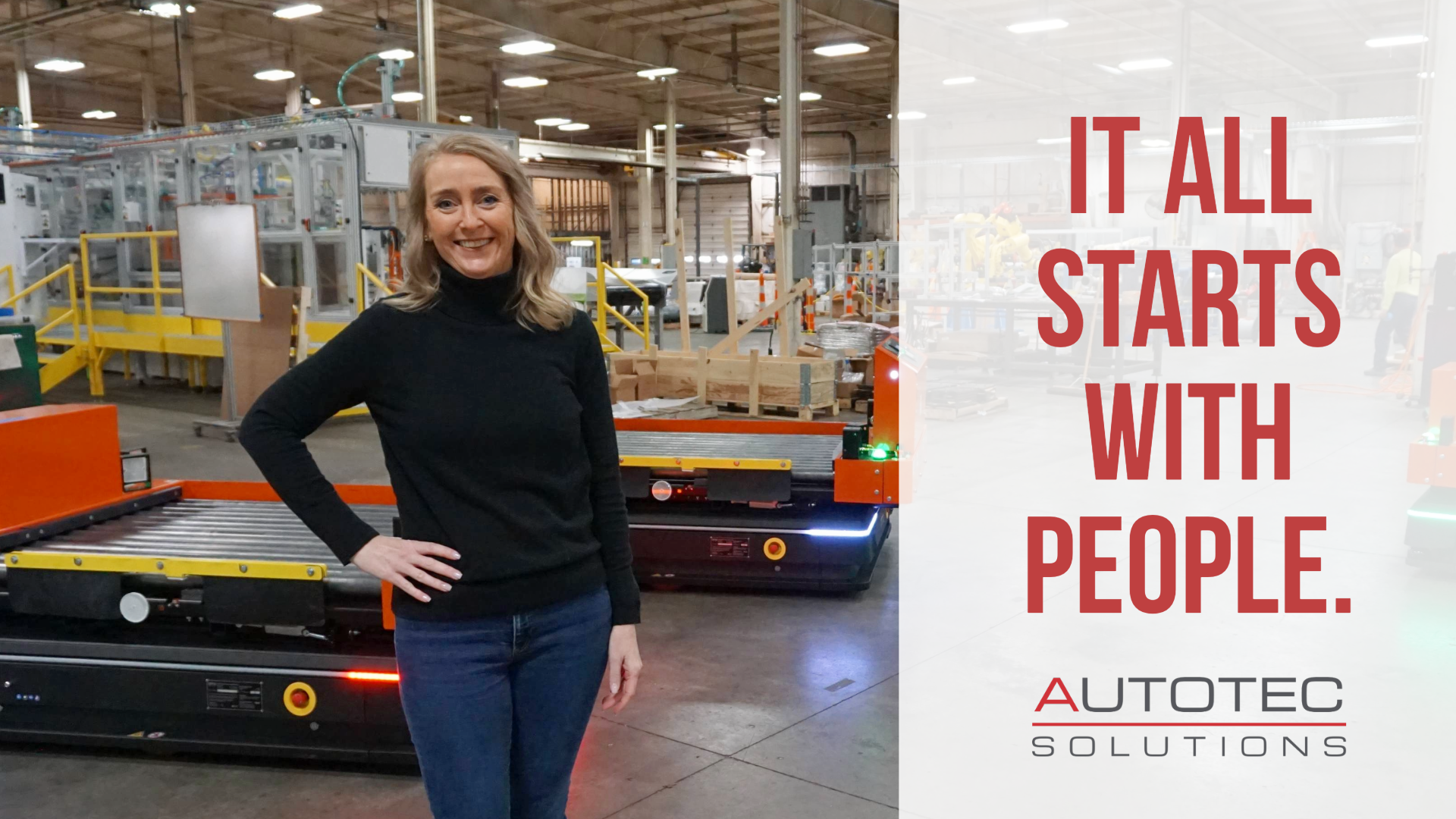 People of Autotec Solutions Series | It All Starts With People | Andrea in front of fleet of Autotec Solutions Autonomous Mobile Robots