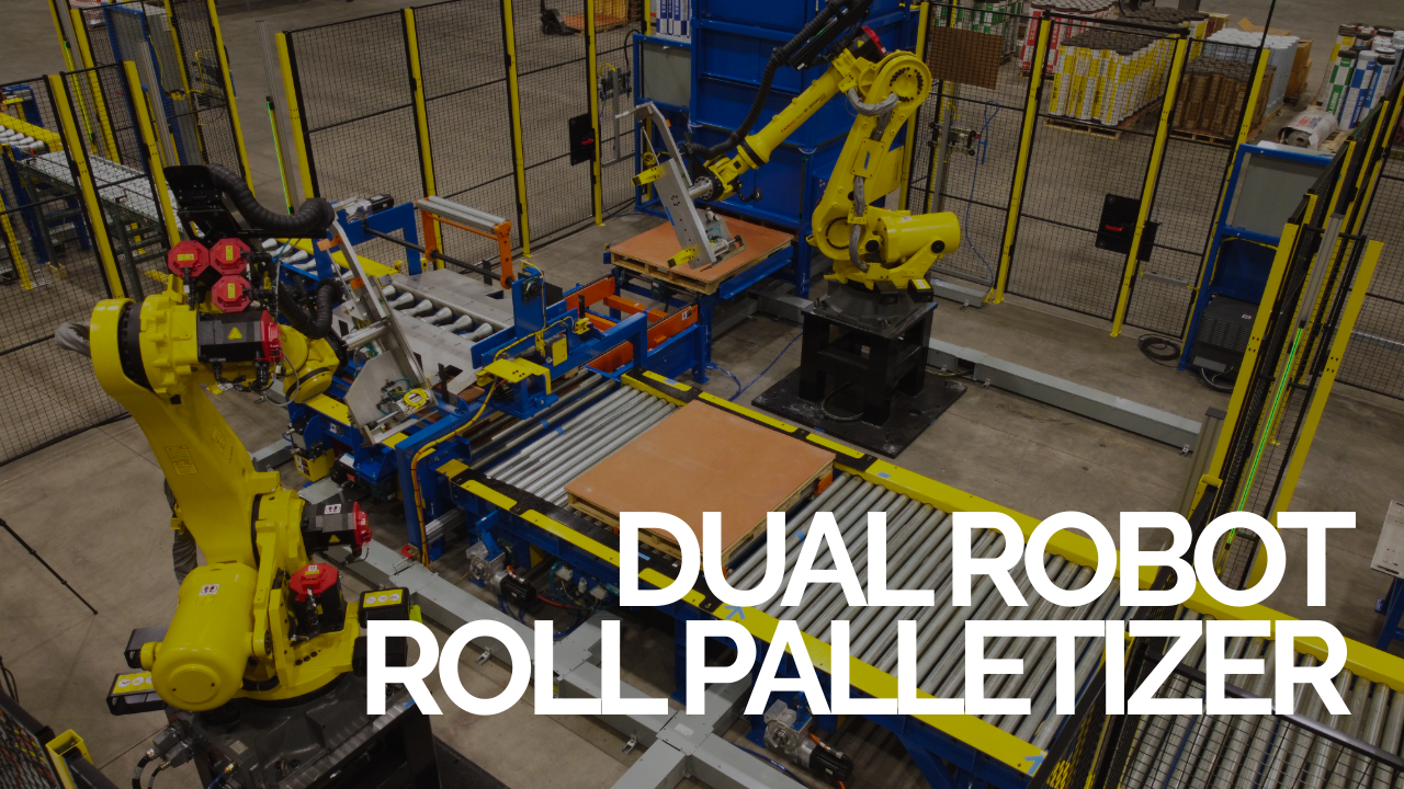 Integrated roll handling, wrapping, and robotic palletizing system as part of an industrial automation line